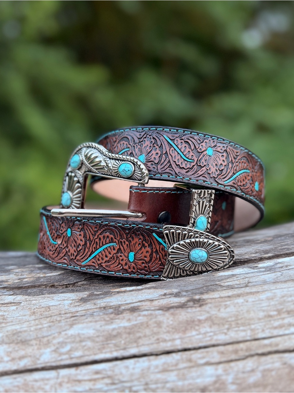 Turquoise Accent Tooled Brown Leather Belt women’s Western Style